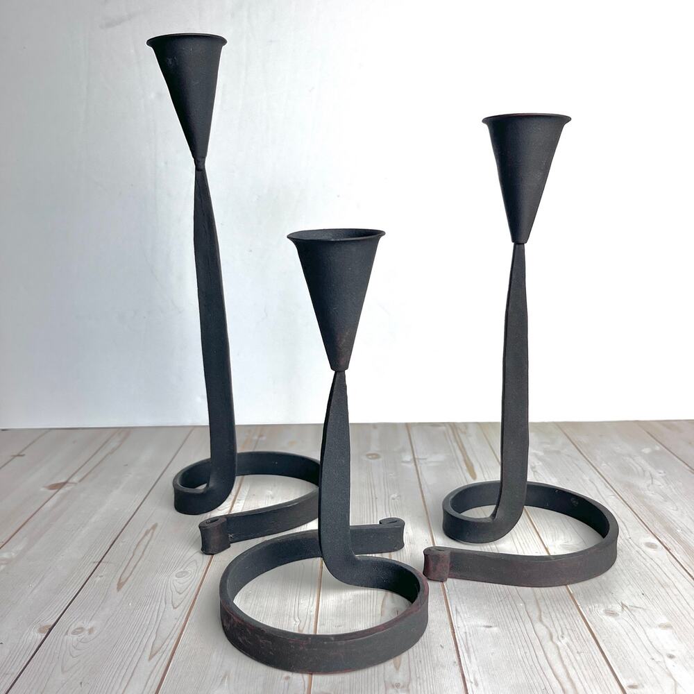 Set of 3 Wrought Iron Candlestick Holders Spiral Base Brutalist Danish Modern